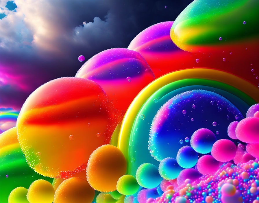 Vibrant glossy bubble-like formations under a surreal sky