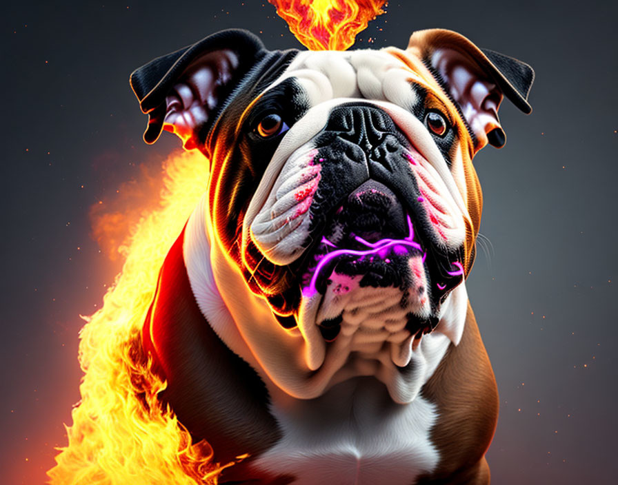 Stylized digital artwork: Bulldog with fiery flames and purple aura