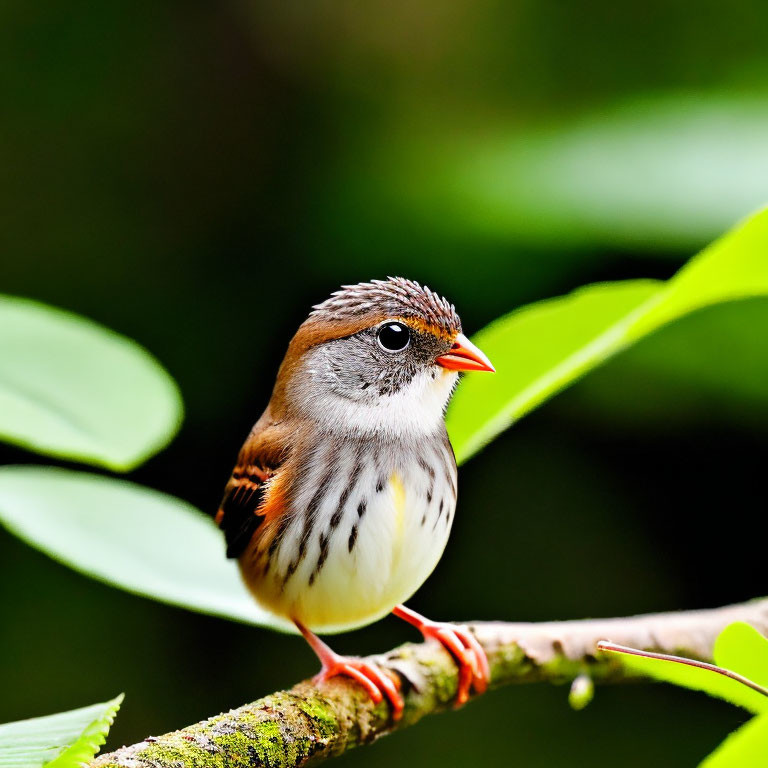 Small Bird with Striped Plumage and Orange Wing Patch Perched on Branch