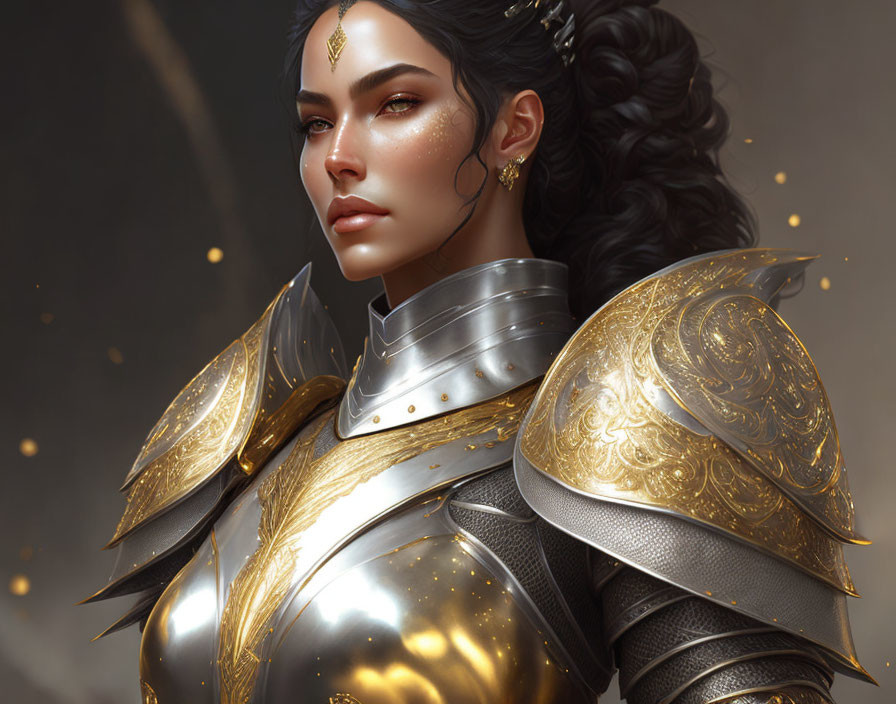 Female warrior portrait with detailed golden armor and confident expression