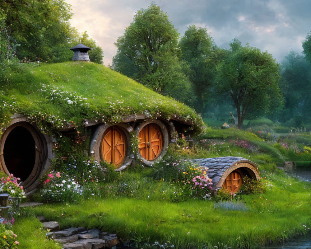 Quaint hobbit-style house with round doorways and windows by tranquil stream