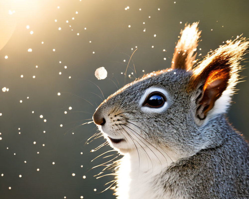 Profile of a squirrel with glowing backdrop and sunbeam highlights