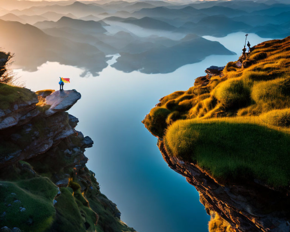 Hiker on Cliff Edge with Tripod, Misty Sunrise Mountain Landscape