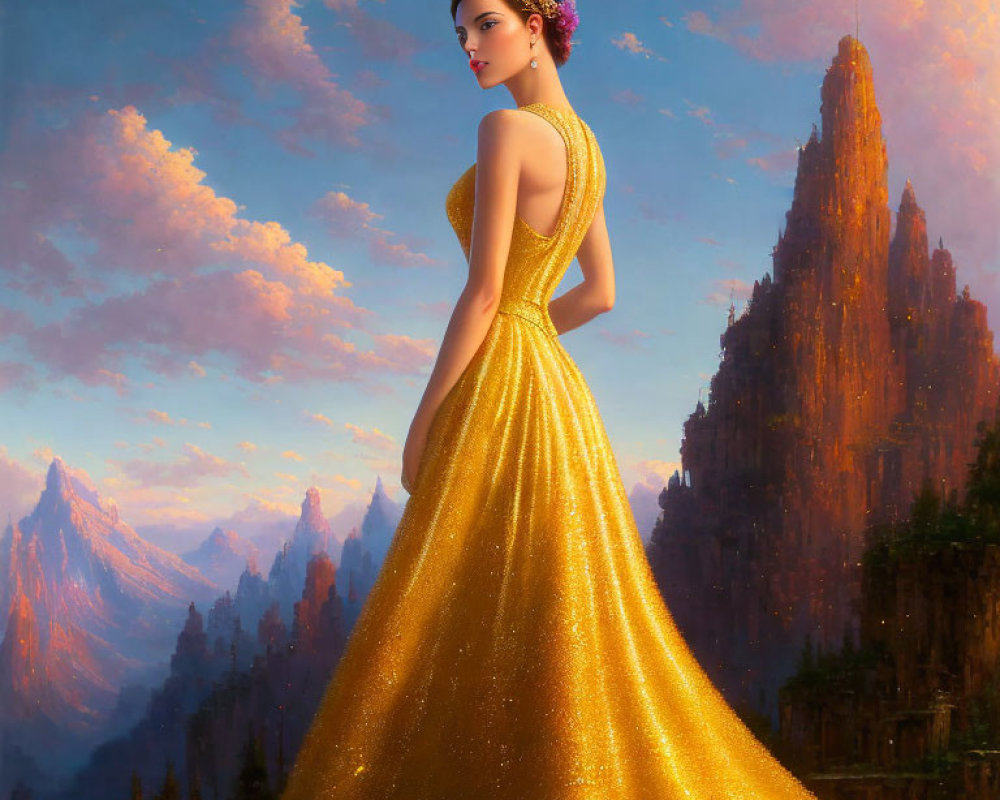 Woman in gold gown with tiara in mountain landscape at sunset