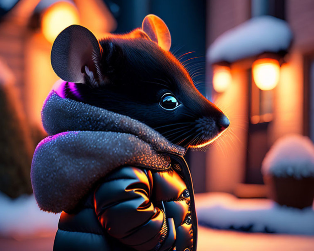 Stylish anthropomorphic mouse in jacket by cozy house at dusk