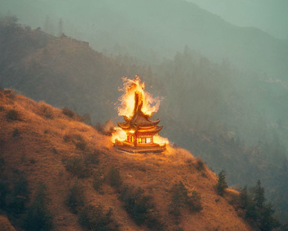 Traditional Pagoda on Hillside Glowing in Firelight