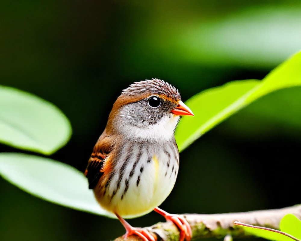 Small Bird with Striped Plumage and Orange Wing Patch Perched on Branch