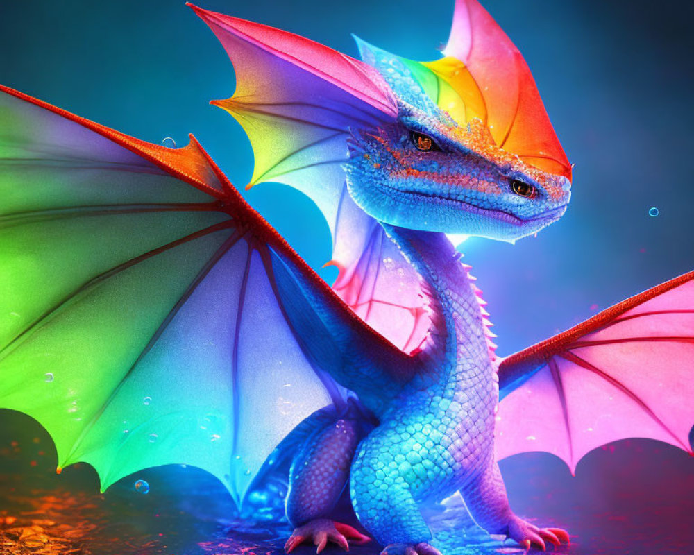 Colorful Whimsical Dragon with Multicolored Wings on Blue Background