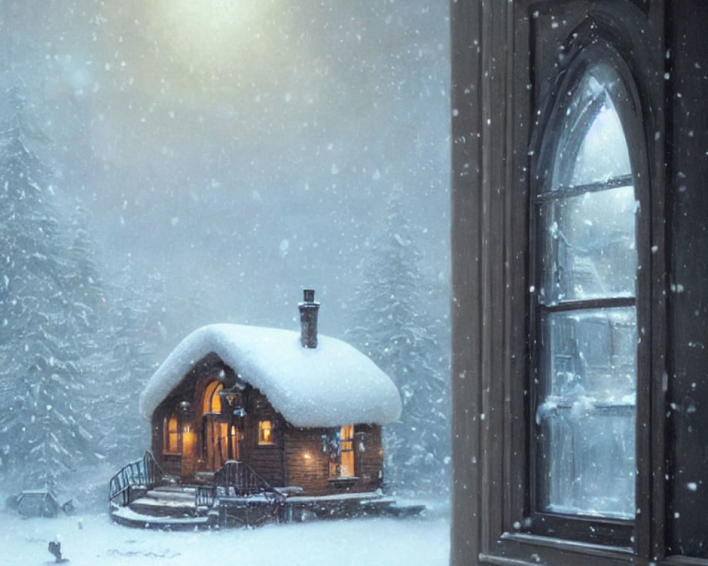 Snow-covered log cabin in winter snowfall