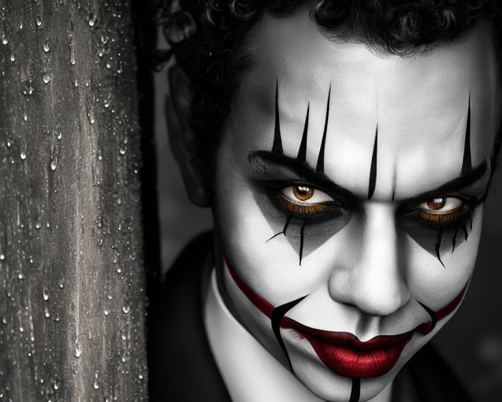 Sinister clown makeup against grayscale background