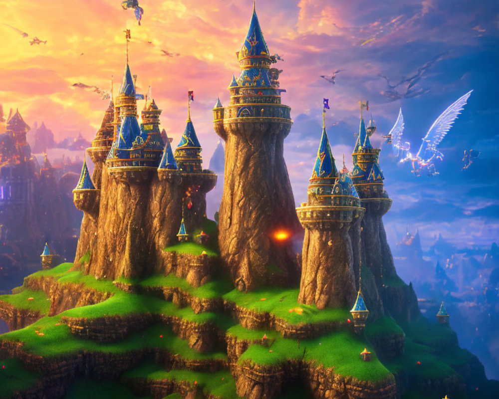 Majestic fantasy landscape with castles, dragons, and "Owls Bluff" emblem