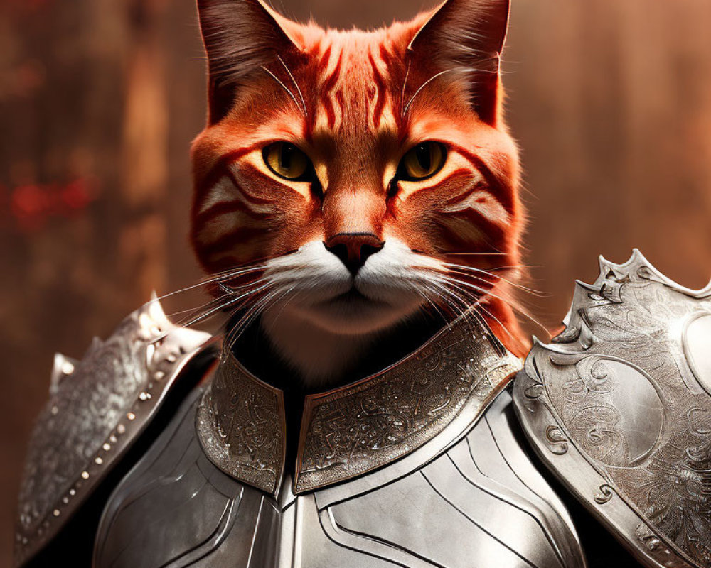 Digital Artwork: Cat in Knight's Armor with Human-Like Body