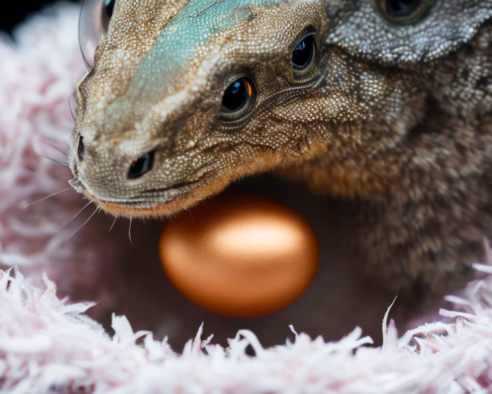 Close-up: Two textured lizards guarding golden egg on pink surface