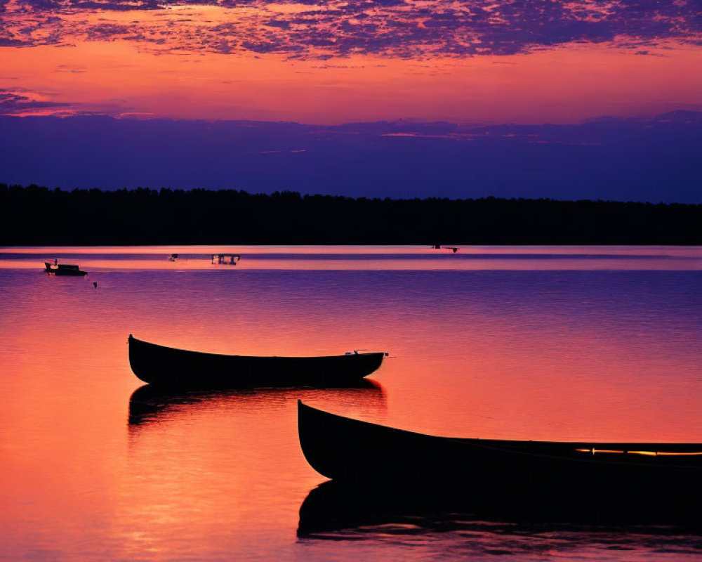 Calm Water Scene: Two Canoes at Sunset