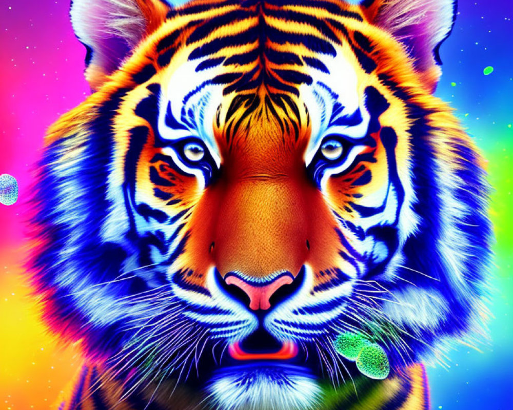 Colorful Tiger Portrait with Blue Eyes on Psychedelic Background