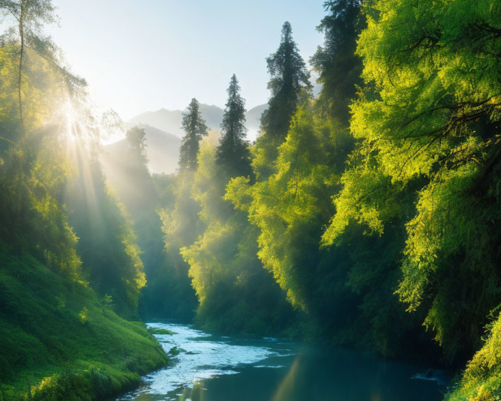 Serene sunrise scene of lush green forest and river