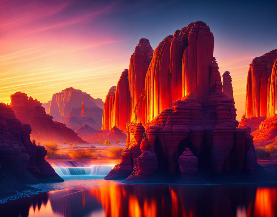 Majestic red rock landscape with waterfall and river at sunrise or sunset