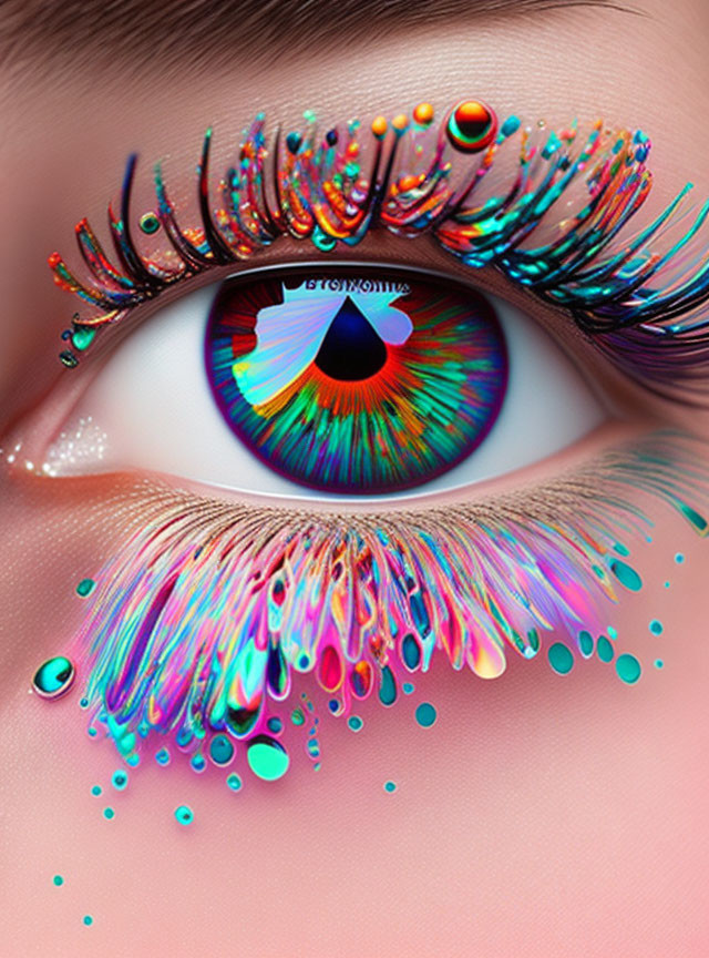 Vibrant metallic lashes and iridescent teardrops on close-up eye.