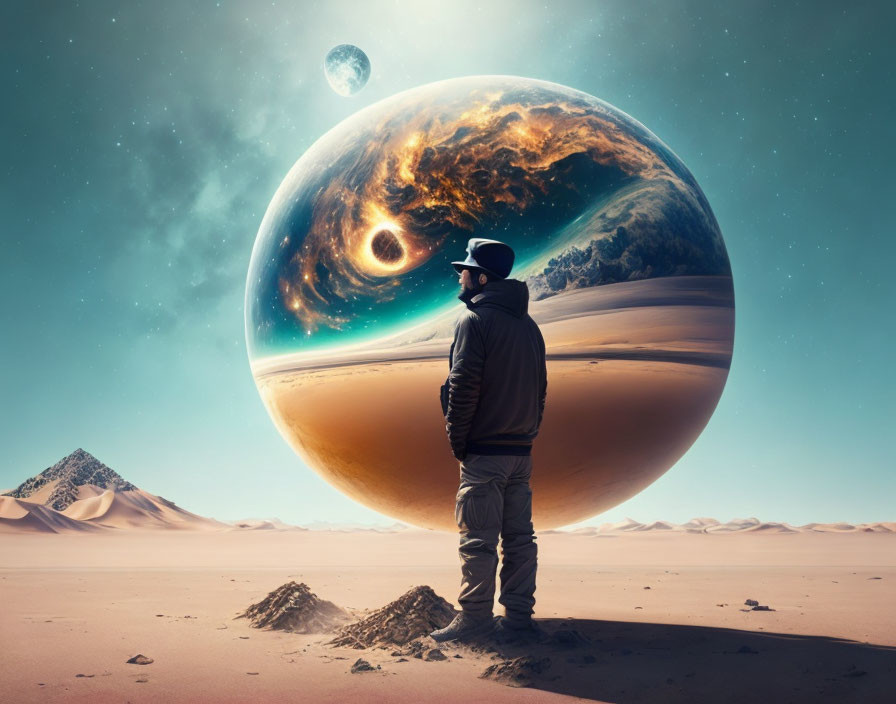 Solitary figure in desert gazes at surreal gigantic planet