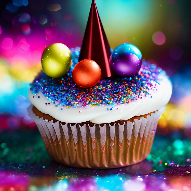 Colorful cupcake with party hat and sprinkles on vibrant, glittery background
