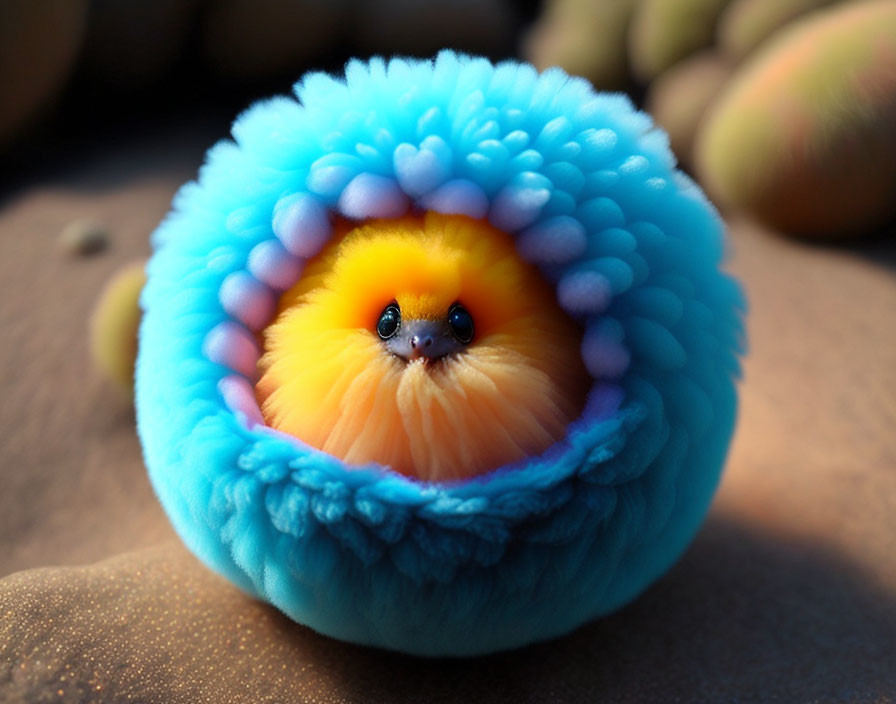 Colorful Round Plush Toy Resembling Bird Nestling with Cute Face - Blurred Background