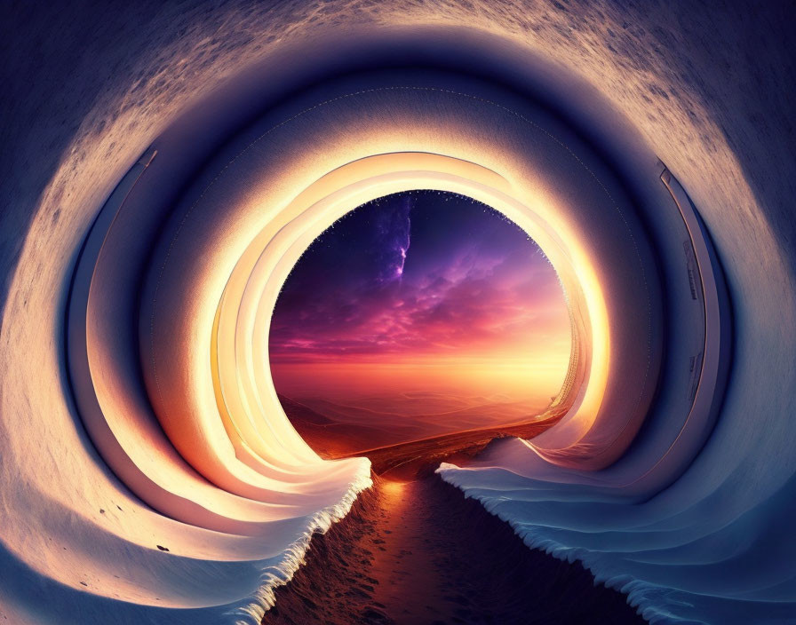 Circular Frame Panoramic Sunset View with Surreal Tunnel Effect