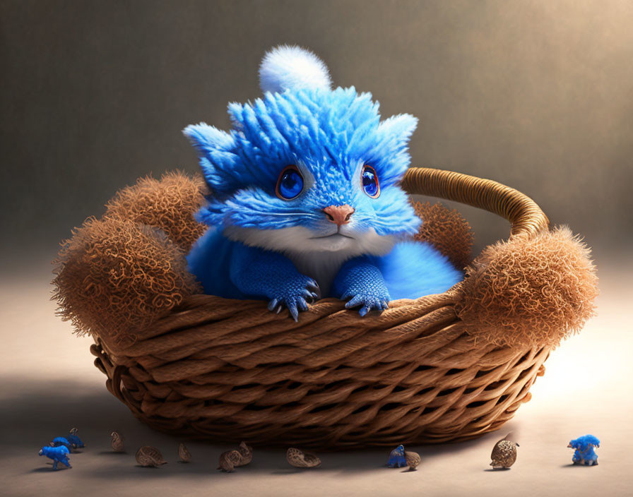 Blue Fluffy Fictional Creature in Wicker Basket with Tiny Versions