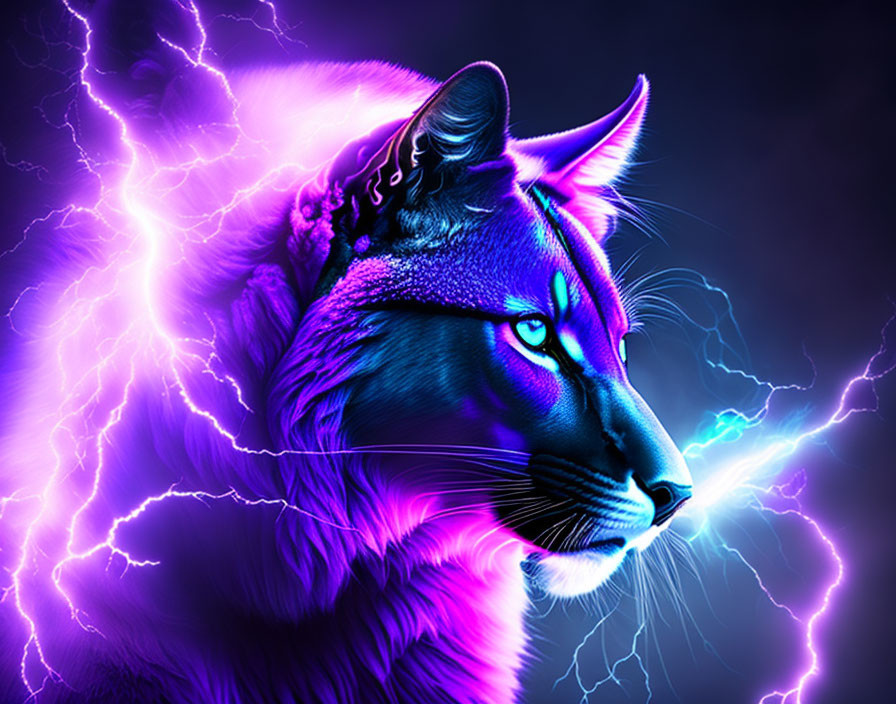 Neon Purple and Blue Wolf with Electric Blue Lightning