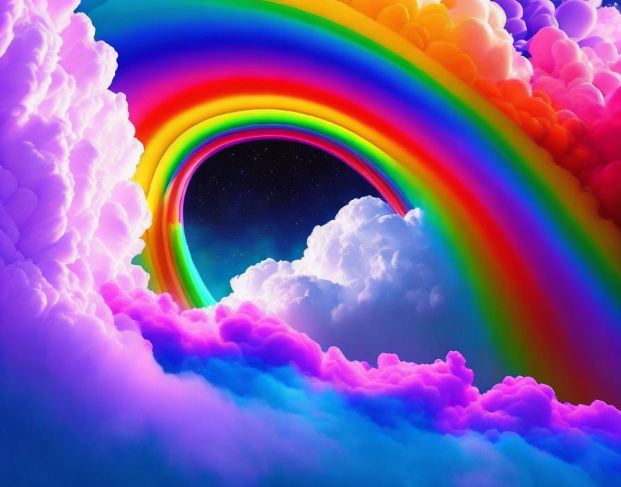 Vibrant rainbow in starry sky with fluffy clouds