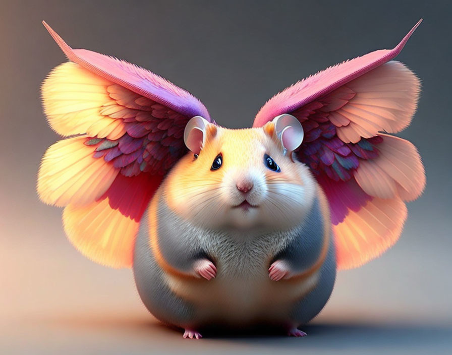 Chubby hamster with pink and yellow gradient butterfly wings spread open