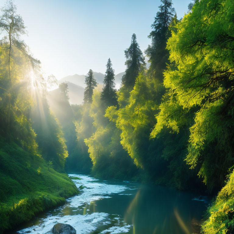 Serene sunrise scene of lush green forest and river