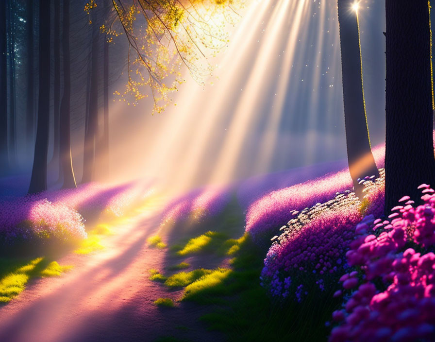 Forest path illuminated by sunrays and colorful flowers in magical scene