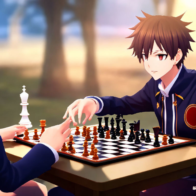 Anime-style character playing chess against dusk backdrop