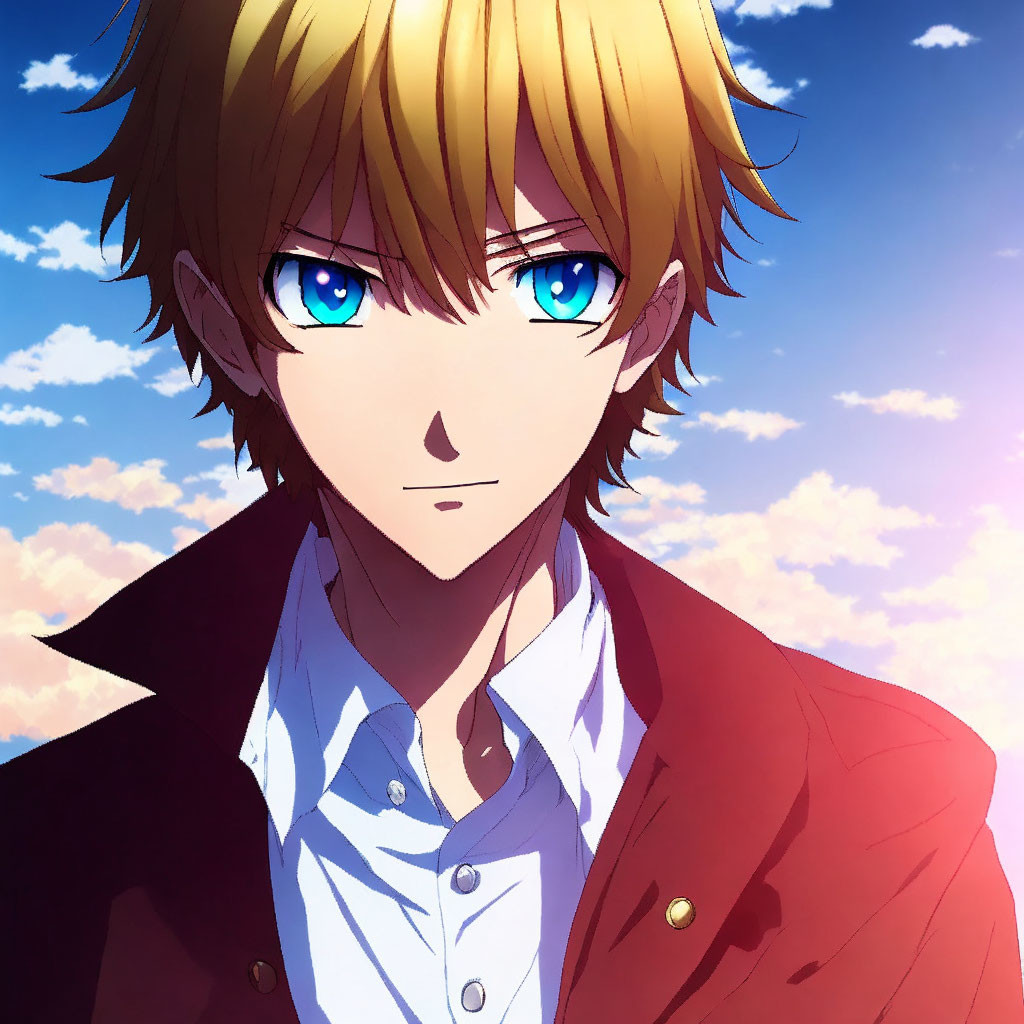 Blond-Haired Anime Character in Red Jacket and White Shirt Against Cloudy Sky