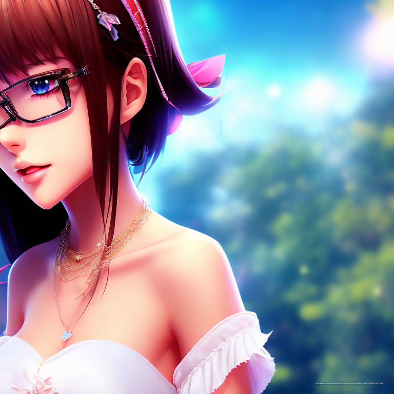 Brown-haired anime girl with glasses and cat ear in off-shoulder top against blurred nature backdrop