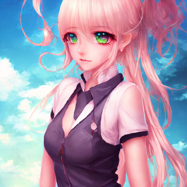 Anime-style girl with long pink hair and green eyes in dark top against blue sky.