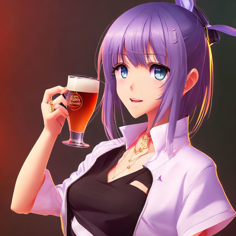 Purple-Haired Anime Girl with Blue Eyes Holding Beer Glass in Moody Setting