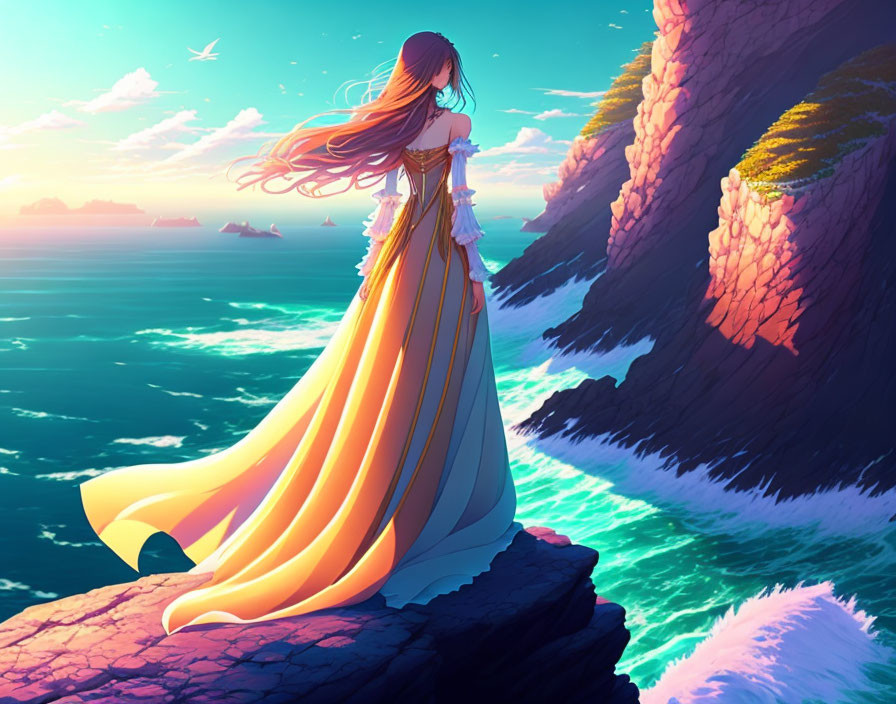 Animated woman in flowing dress on cliff by vibrant ocean