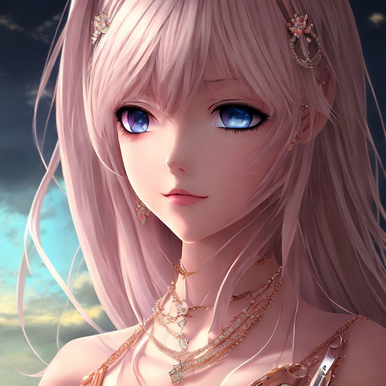 Anime-style girl with pink hair and blue eyes under dreamy sky.