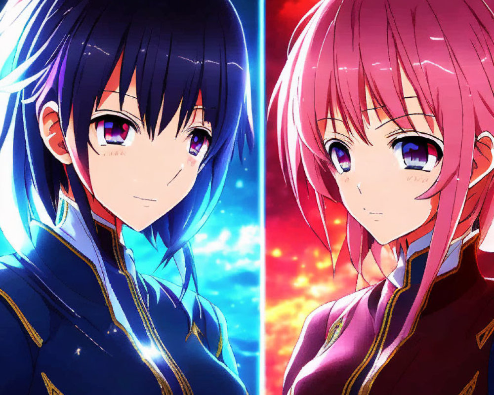 Anime girls with vibrant blue and pink hair against a cosmic starry backdrop