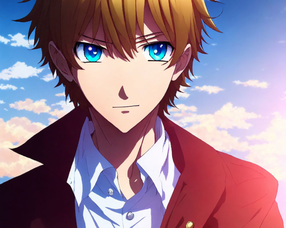 Blond-Haired Anime Character in Red Jacket and White Shirt Against Cloudy Sky