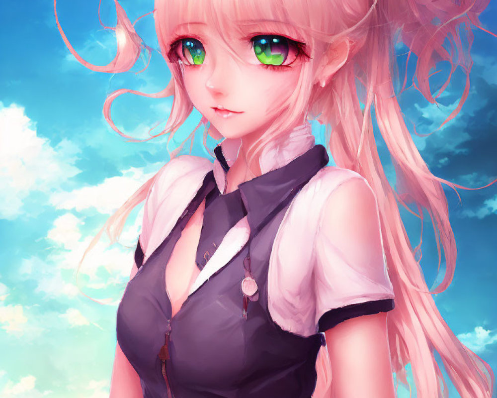 Anime-style girl with long pink hair and green eyes in dark top against blue sky.