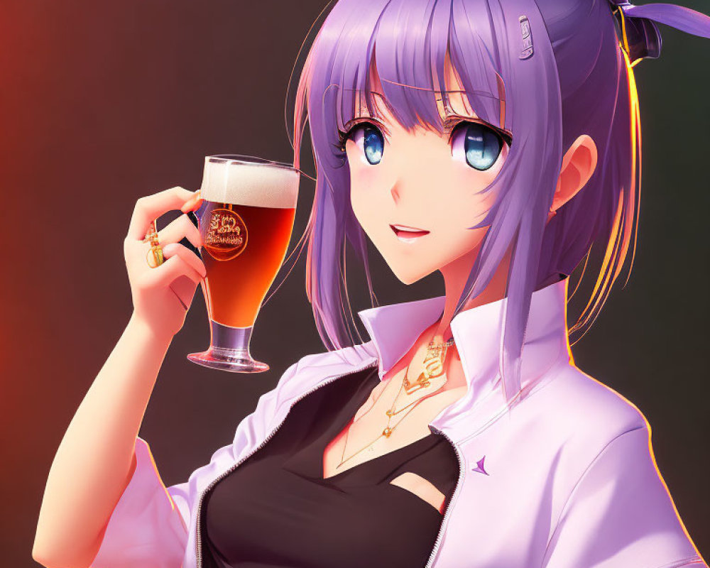 Purple-Haired Anime Girl with Blue Eyes Holding Beer Glass in Moody Setting