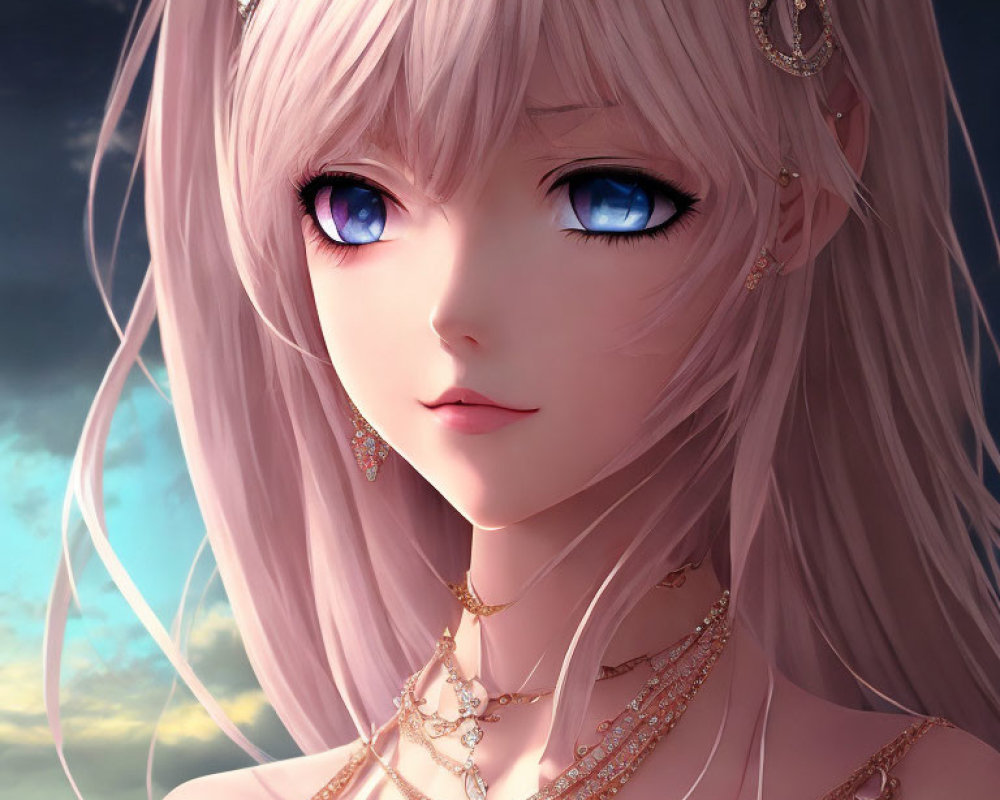 Anime-style girl with pink hair and blue eyes under dreamy sky.