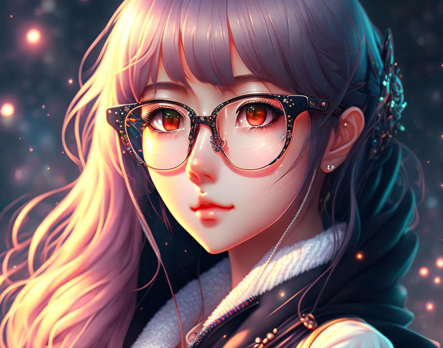 Detailed Amber-Eyed Female Character with Round Glasses and Wavy Hair on Starry Background