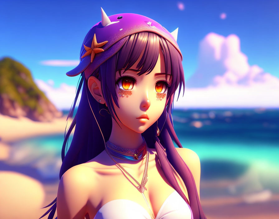 Purple-haired animated character with star accessories on a beach under clear blue sky.