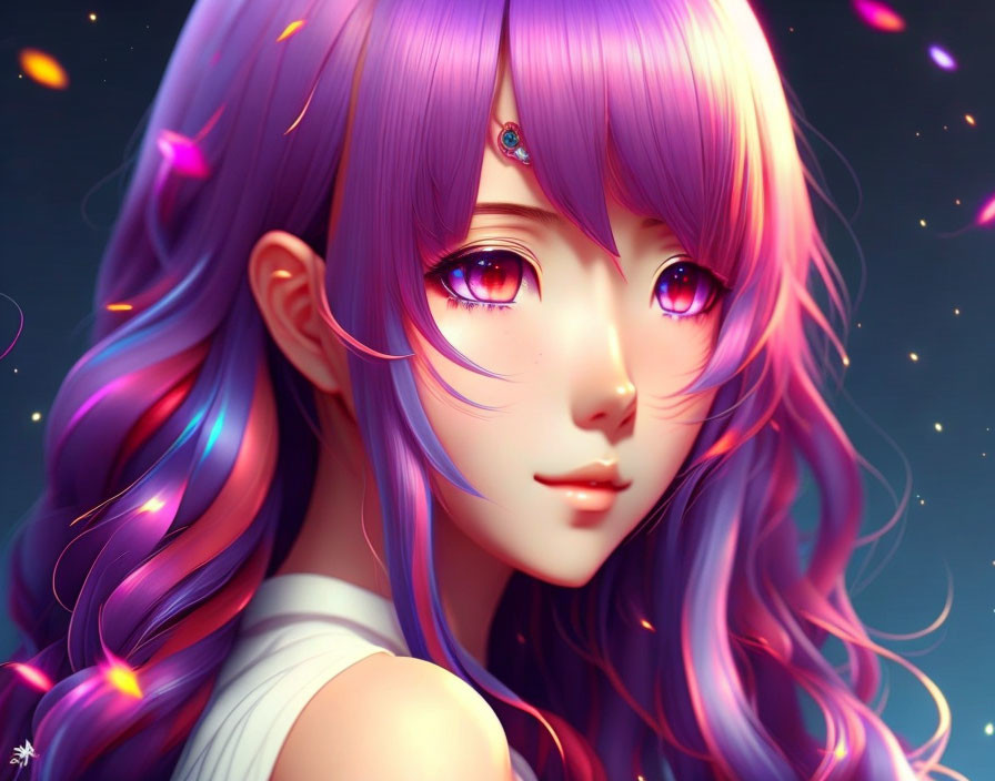 Colorful illustration of girl with purple hair and pink eyes and gem on forehead