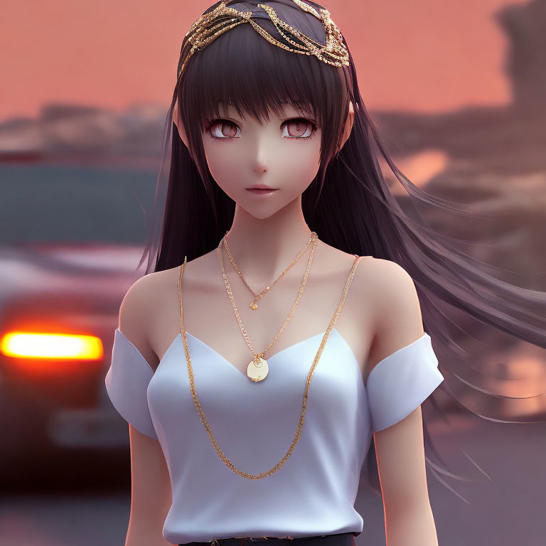 3D illustrated portrait of female anime character with black hair and violet eyes in white top and gold jewelry