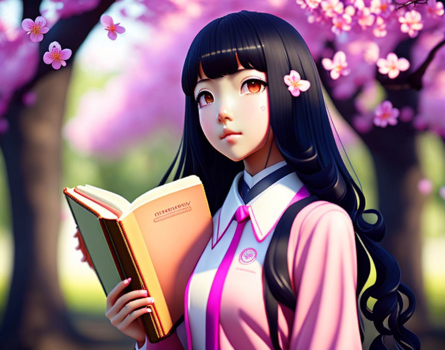 Illustrated girl reading under pink cherry blossoms