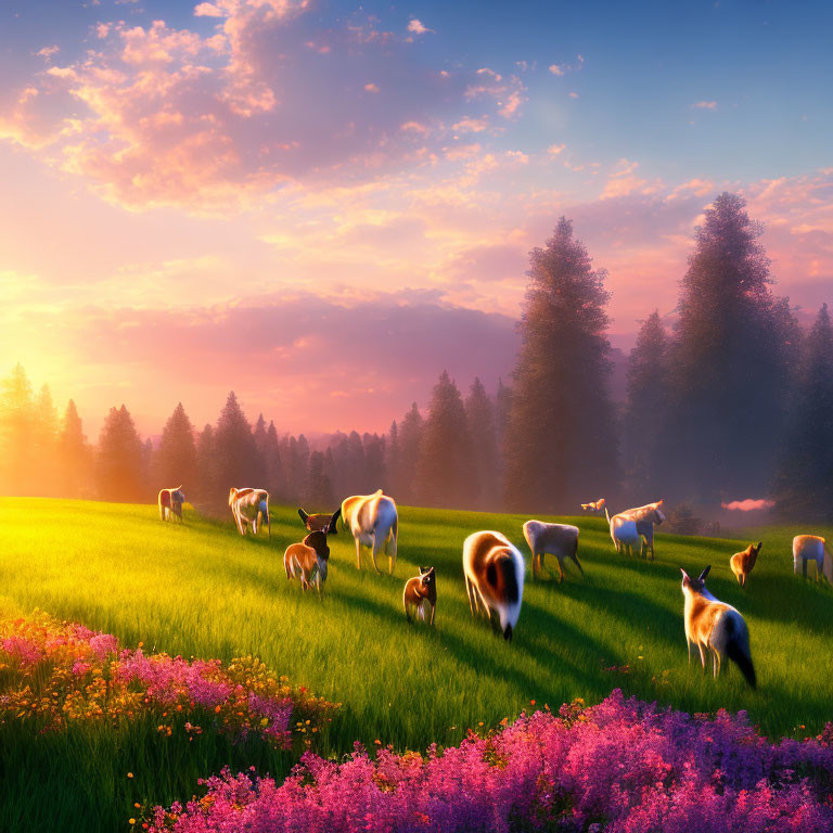 Cows grazing in vibrant field at sunrise with pink flowers, misty forest, and golden sky.